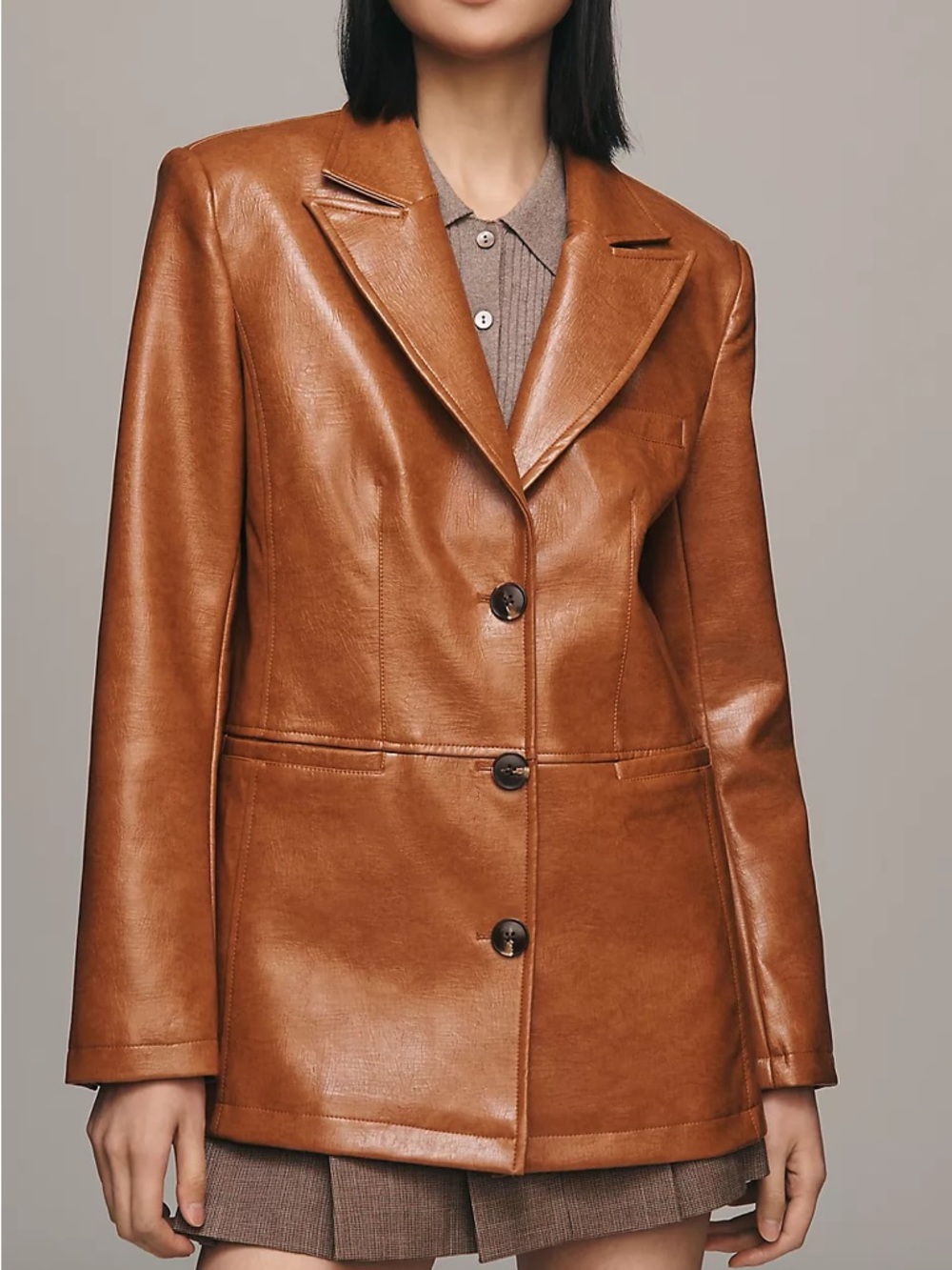 Maeve Cognac Brown Leather Blazer Jacket - Picture 2 of 9